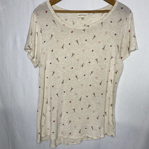 BELLE DU JOUR T-Shirt Blouse Stretch Eiffel Tower Paris France Womens L Cream - Picture 2 of 10